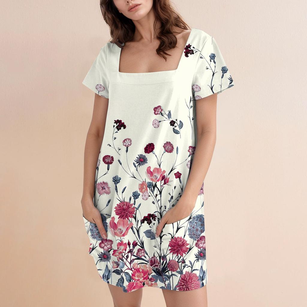 Женское модное повседневное платье с квадратным вырезом и коротким рукавом