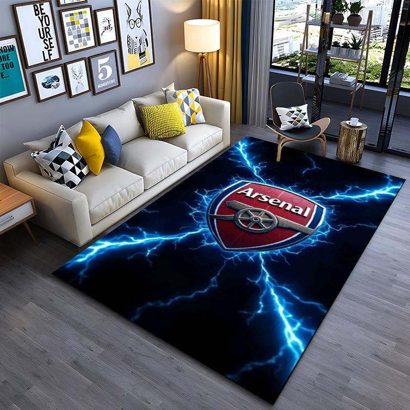 Football Club Area Rug, Arsenal Cannon Crest Blue Lightning Electric Print, Soccer Fan Room Decor, Non-Slip Mat