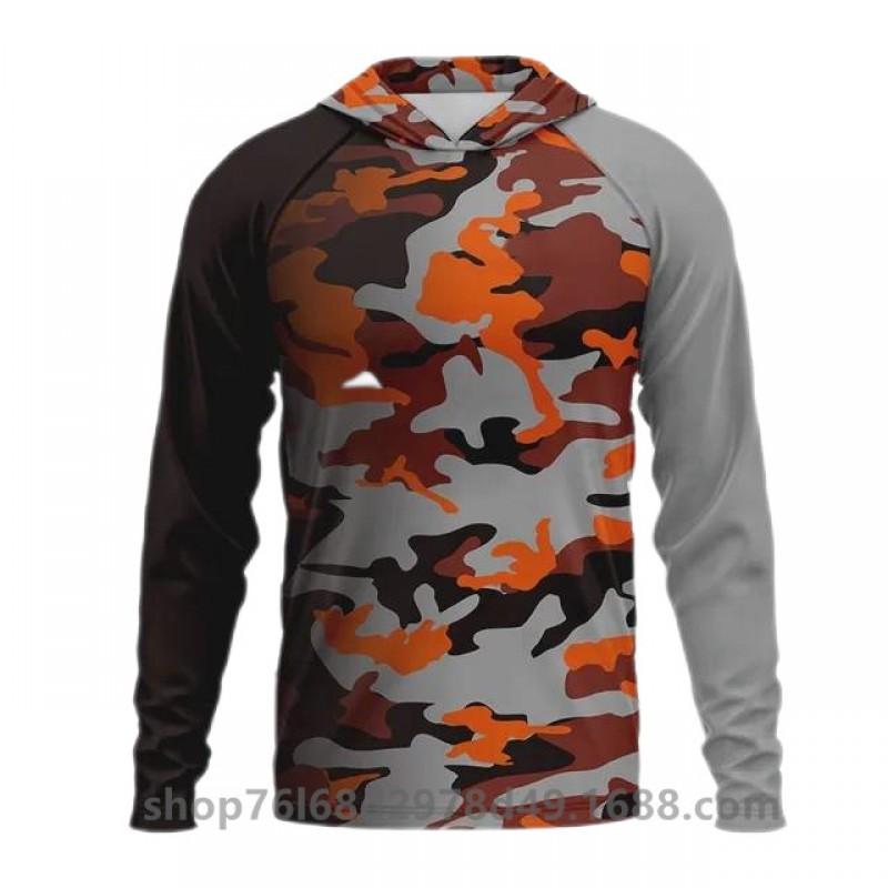 Mens Ice Silk Long Sleeve Fishing Shirt With Integrated Camo Face Cover Hood UPF50 Sun Protection Lightweight Quick Dry