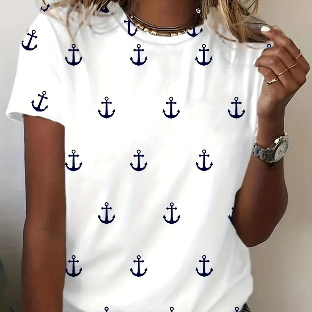 2024 новая стильная футболка для женщин, топ с принтом якоря, летние футболки большого размера для женской одежды, женская мода с круглым вырезом, большие размеры