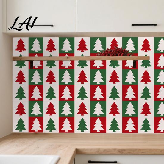 Cover Old Tile Wall Decor 12Pcs Self‑Adhesive Stickers 2D Waterproof Oil‑Proof Floor Decals with Smooth Surface Adhesive Panels Xmas Tree