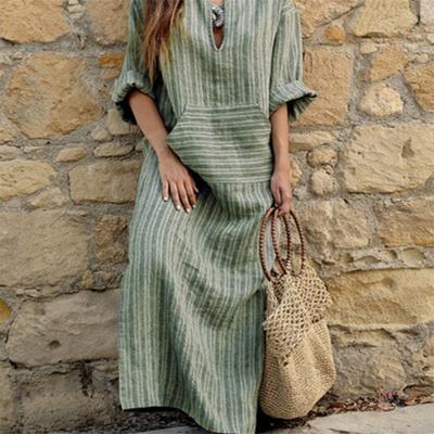 Женская весенне-летняя одежда большого размера, женское хлопковое льняное свободное длинное платье в полоску с карманами