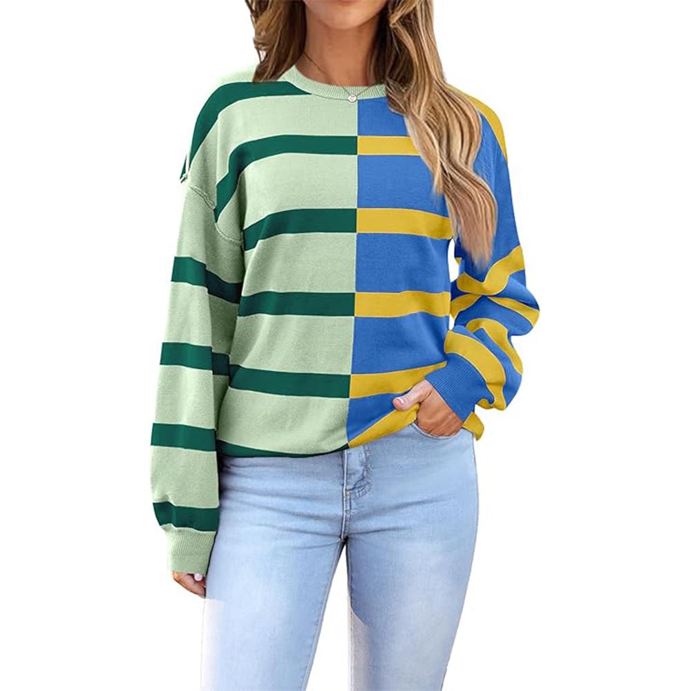 Женский полосатый свитер оверсайз 2025 с круглым вырезом и длинным рукавом, трикотажный свободный свитер с цветными блоками, повседневный топ