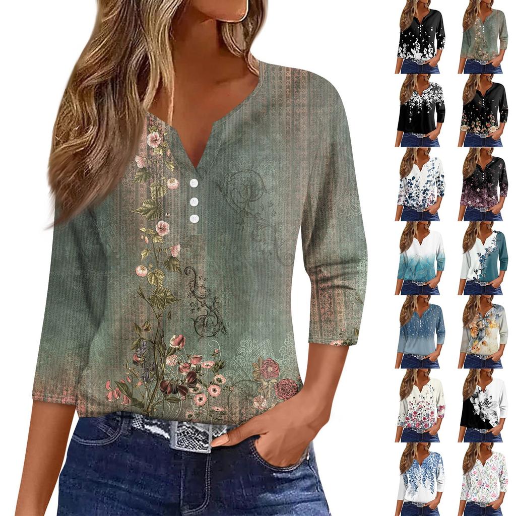 Женская футболка с принтом на пуговицах, рукав 3/4, вязаный свитер, повседневный, модный, на выходные, базовый, с V-образным вырезом, обычный топ