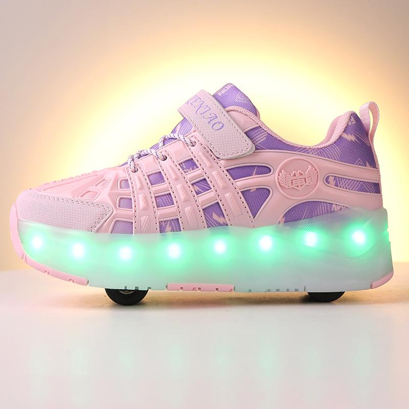 Четырехколесные роликовые коньки, детская спортивная обувь с выдвижными автоматическими колесами, зарядка через USB, светодиодная спортивная обувь