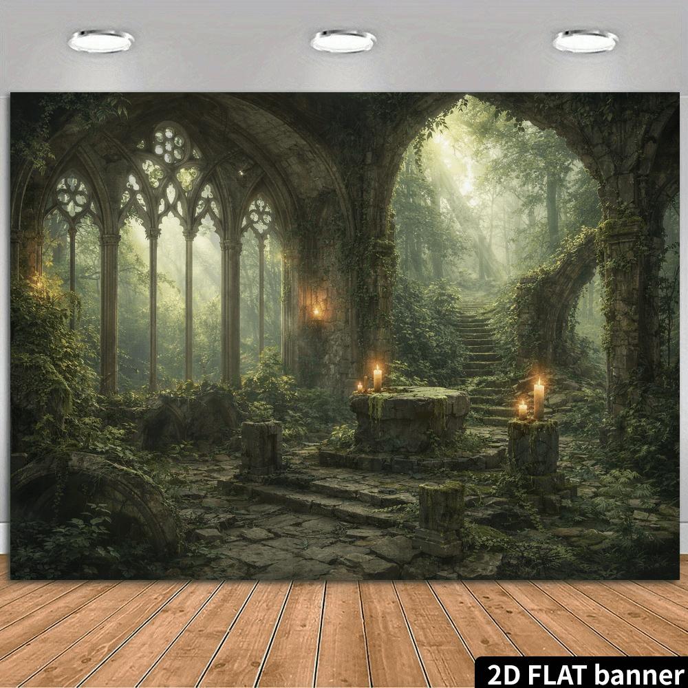 2D planar gothic forest ruins background fabric featuring elements of gothic-style stone arches vines and stone tables.PMJ