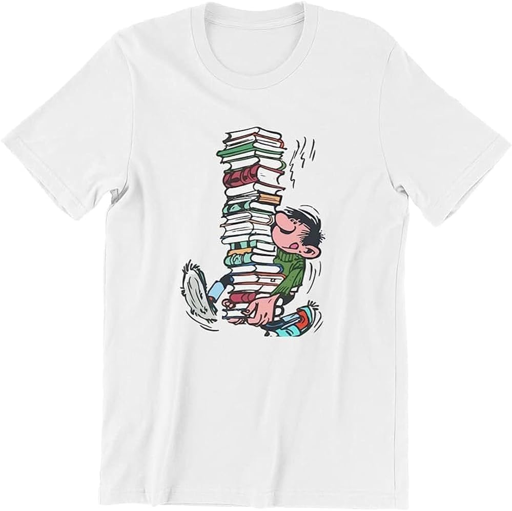 Gaston Lagaffe Comics Tshirt for Men with Books Soft Casual Tee T Shirt Novelty Trendy Loose
