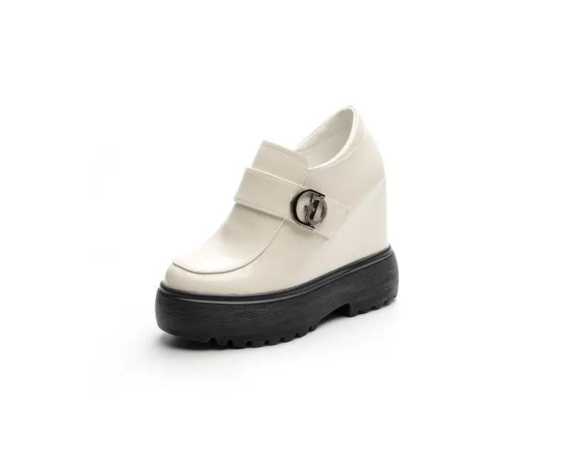 Women's Genuine Leather Shoes High Platform Ankle Boots 11CM Wedge Heels Female Casual Shoes Autumn Thick Bottom Slip-on Shoes