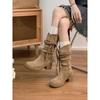 Retro Wasteland Fringed Knight Boots Thick Heel But Knee Long Boots Skinny Pile Medium Boots Women