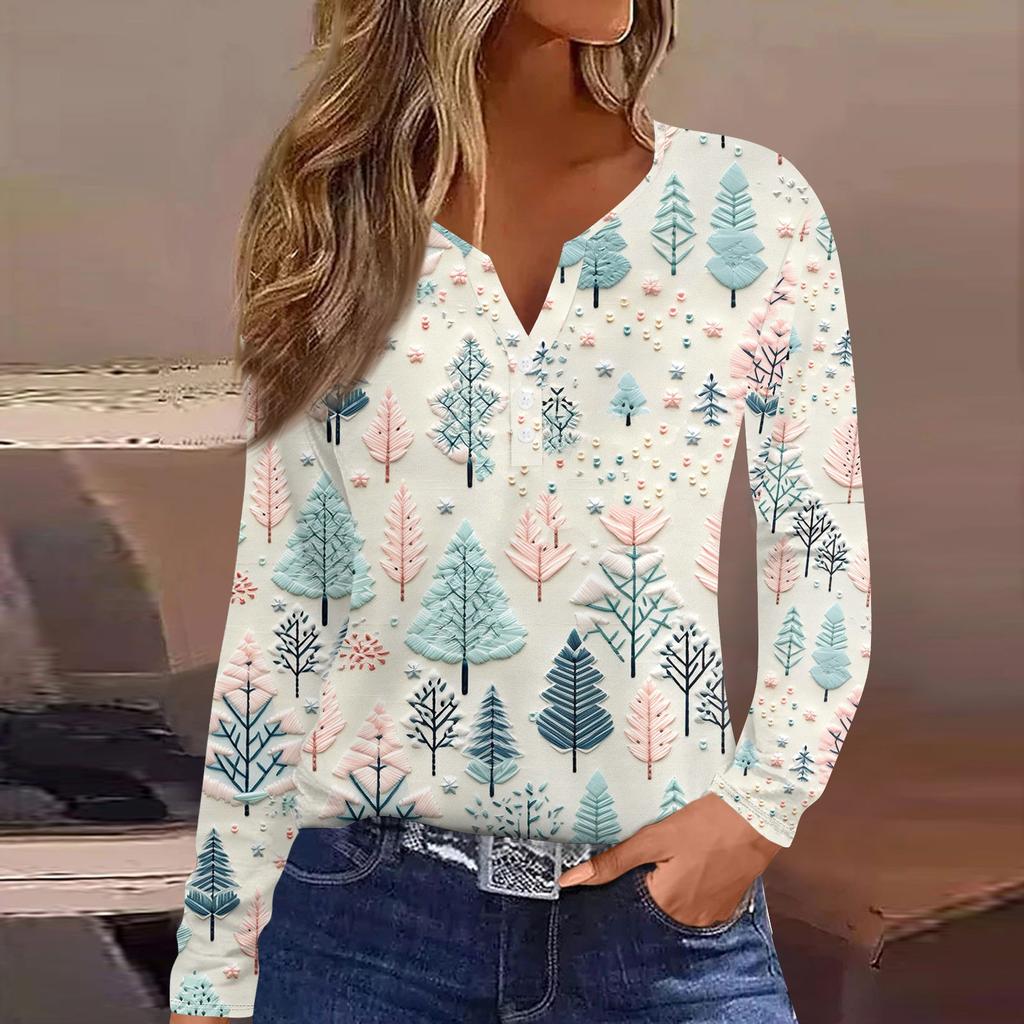 Женская модная повседневная футболка с длинным рукавом и V-образным вырезом на рождественском принте на пуговицах