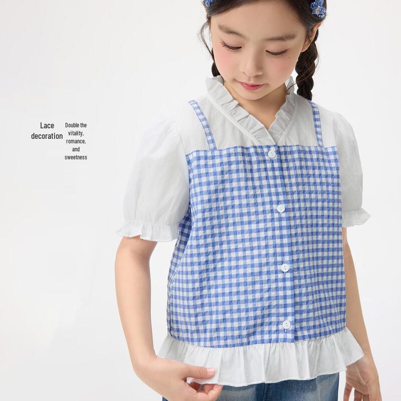 Girls' Plaid Ruffle Puff Sleeve Faux Two-Piece Top