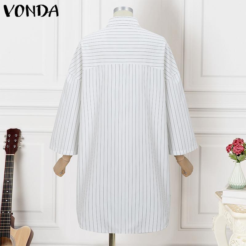 VONDA Женские винтажные однотонные полосатые платья-рубашки с длинным рукавом
