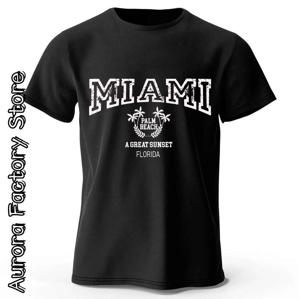 MIAMI Printing T-Shirt Summer Men Casual Cotton O-Neck Tops Tees Male Fashion Camiseta Short Sleeve Clothing Vintage Streetwear