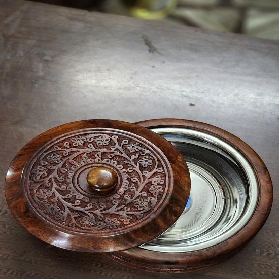 Красивая деревянная резная коробка для чапати Индийское ремесло 22,86 см