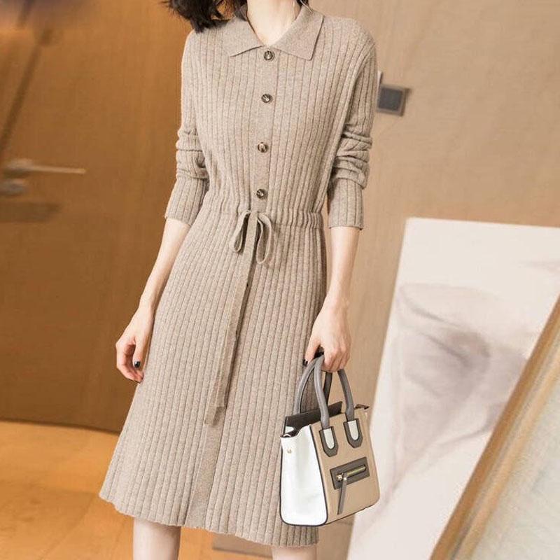 Новый дизайн, женские трикотажные платья, женское платье с длинными рукавами, осенне-зимние узкие платья с отложным воротником и пуговицами