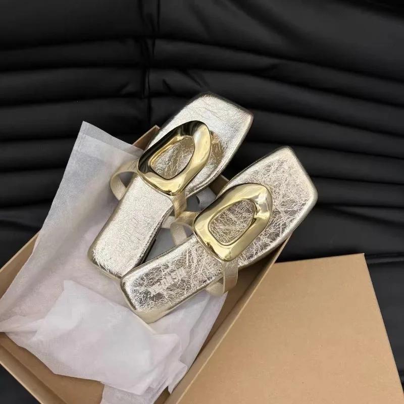 Fashion Ladies Shoes New Square Toe Women's Slippers Summer Metal Decoration Pinch Toe Solid Outdoor Casual Flat Comfortable Slippers