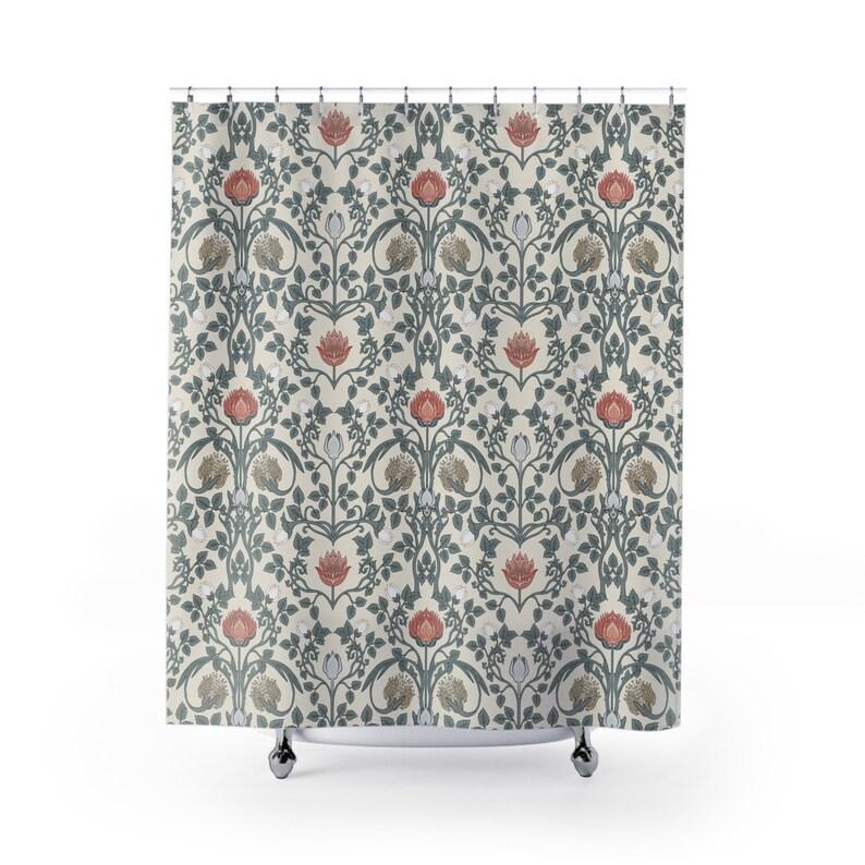 William Morris Style Shower Curtain - Sage Green Botanical Art Nouveau Design, Vintage Cottagecore Bathroom Decor