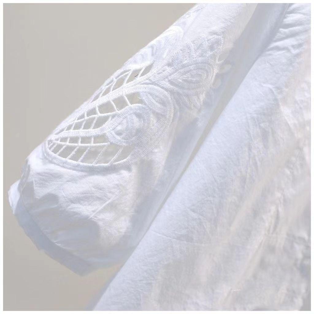 Фиолетовая полая хлопковая рубашка с вышивкой, женская летняя дизайнерская свободная рубашка с круглым вырезом, топ