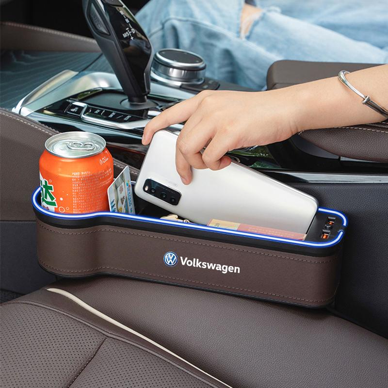 LED Light Car Seat Gap Storage Box For VW Golf Amarok Phaeton GTI Passat Car Interior Storage Pocket Case Cup Holder keychain