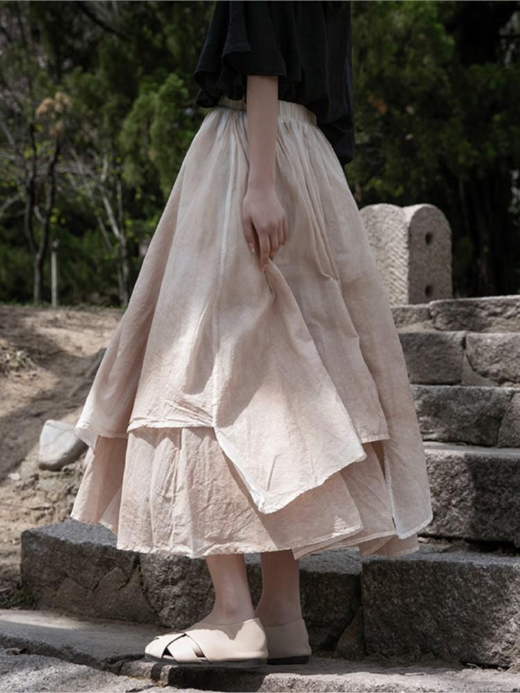 Johnature Женские винтажные нерегулярные юбки с эластичной резинкой на талии, летняя повседневная женская одежда, двойные хлопковые льняные юбки