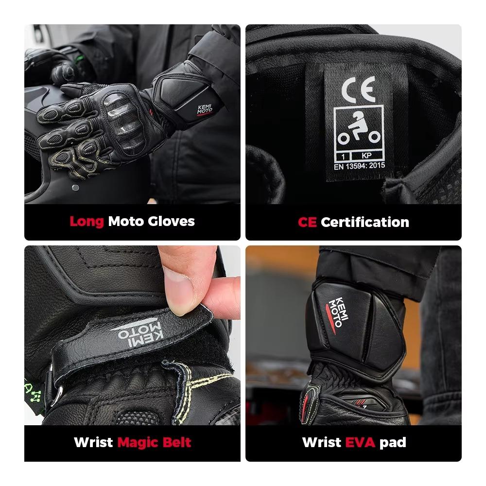 KEMIMOTO Leather Motorcycle Gloves Autumn Long Cuff Racing Gloves Summer Kevlar Knuckle Protect Moto Glove For Men Professional