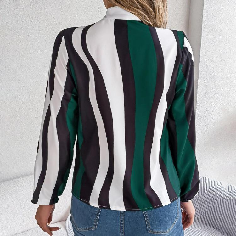 Fashion Women Long Sleeve Blouse Stripe Print Bow Collar Shirt Spring Autumn Top Temperament