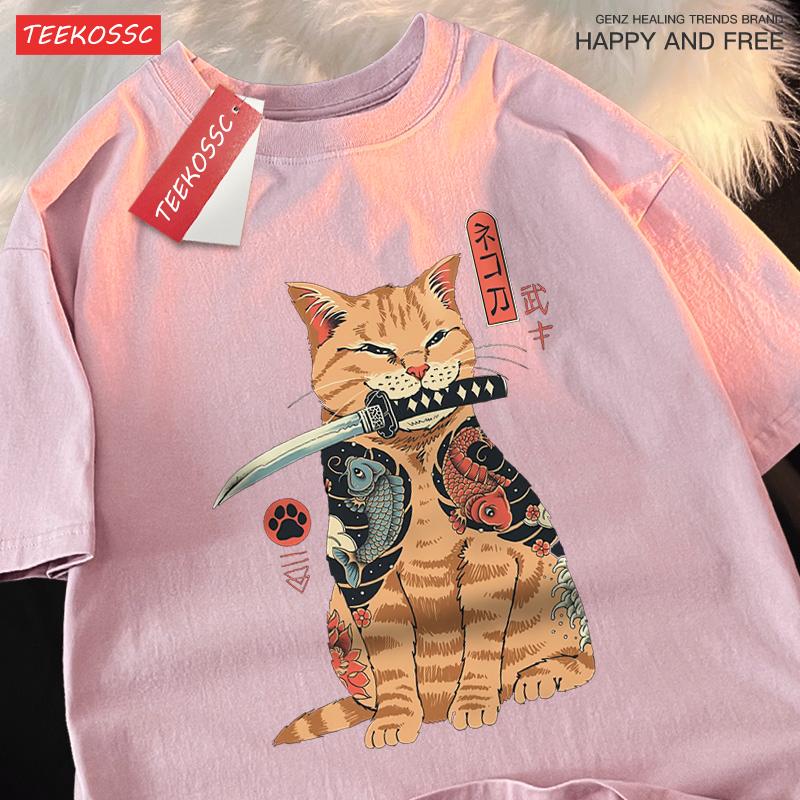 Японская футболка Харадзюку Самурайский меч Кот Мужская Женская Повседневная Футболка Одежда Хлопок Летние Топы Дышащая Футболка Оверсайз Пара