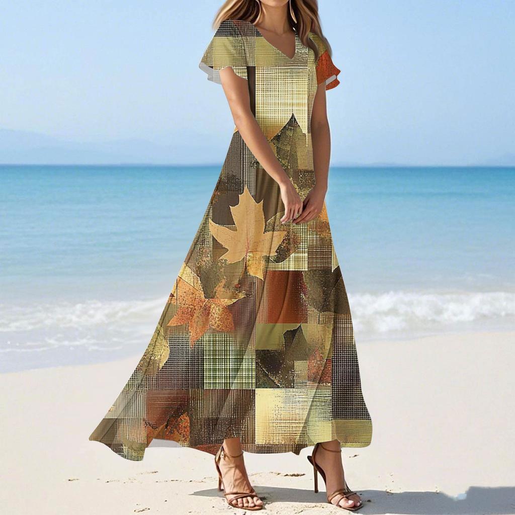 Женское летнее повседневное модное платье с цветочным принтом и V-образным вырезом с коротким рукавом