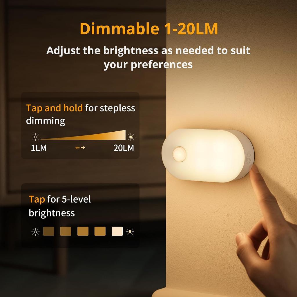Lyridz Rechargeable Battery Night Light with Motion Sensor, Portable Mini Warm White LED Stick-on Closet Light, Adjustable Brightness for Bathroom,