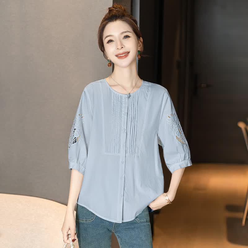 Sibaishun Women's Loose Fit Hollow Out Round Neck Blouse