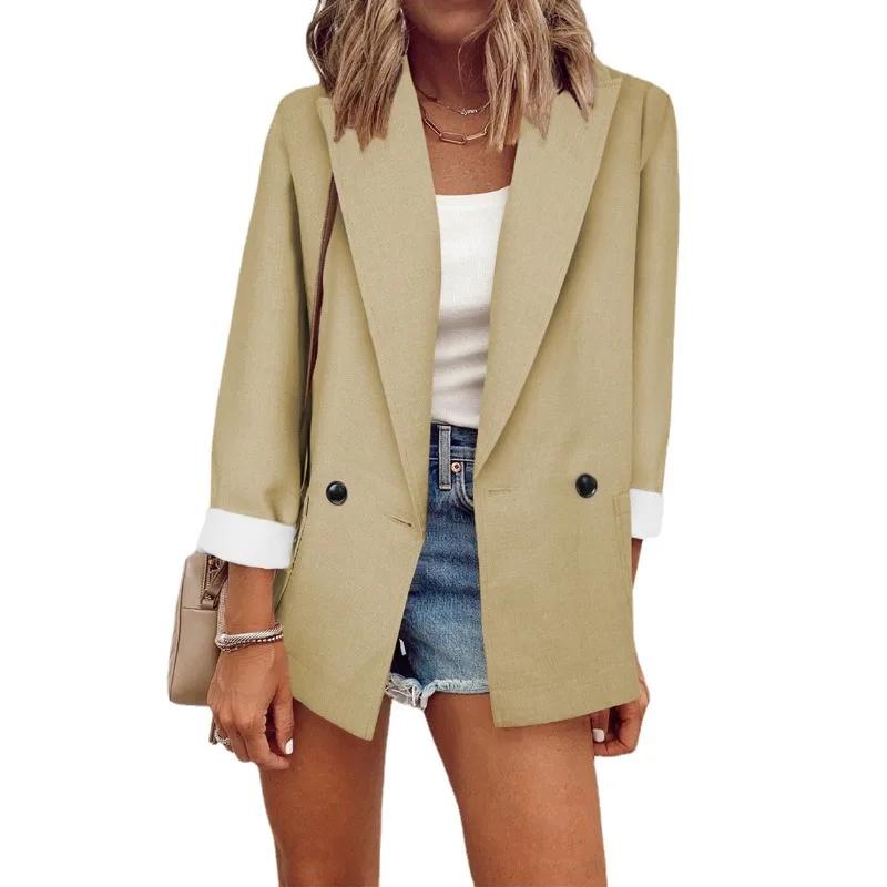 Autumn Winter Women Blazer Top Office Lady Elegant Fashion Long Sleeve Lapel Collar Button Loose Suit Coat Jacket Outwear