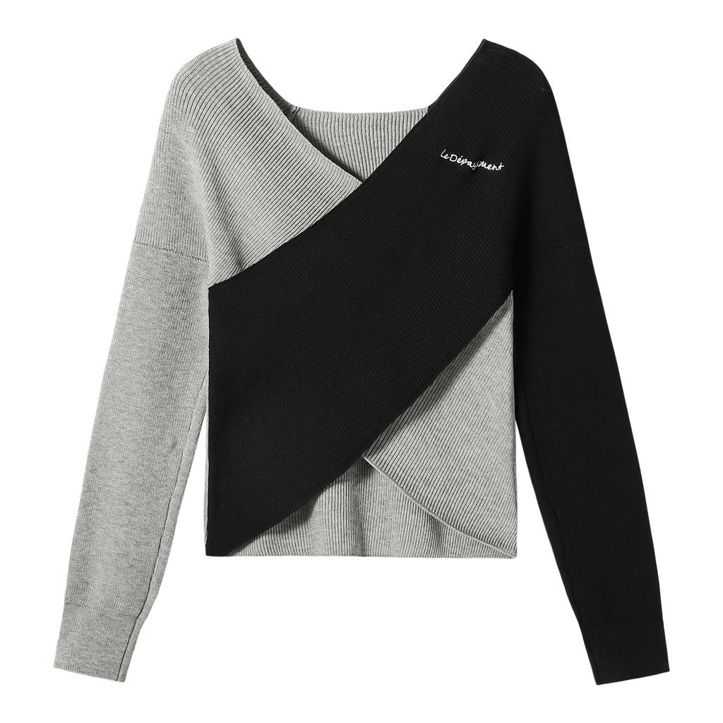 Вязаный свитер с вышивкой и V-образным вырезом для женщин, осенняя пряная девушка, лоскутный короткий топ с разрезом, базовая футболка