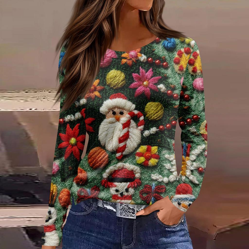 Женская мода повседневный топ с разрезом по низу и рождественским принтом с круглым вырезом и длинными рукавами