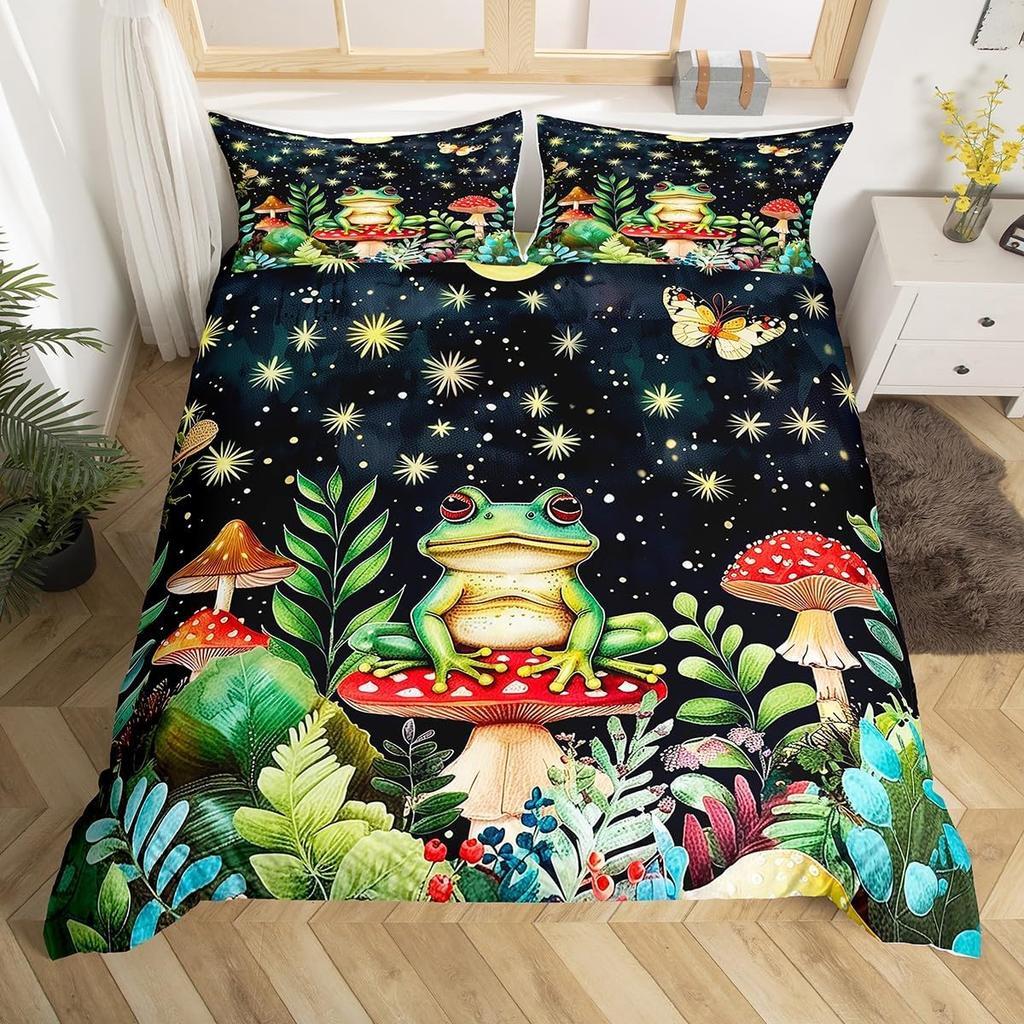 Кавайный пододеяльник с принтом лягушек, пододеяльник с лягушками и грибами, ботанический грибной комплект постельного белья размера твин/полуторный, квин для комнаты девочки-подростка