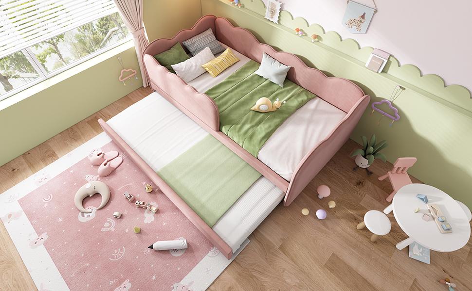 Upholstered bed daybed 90x190cm, day bed sleeper sofa with pull-out bed 90x190cm, children's bed with slatted frame, velvet, pink, without mattress