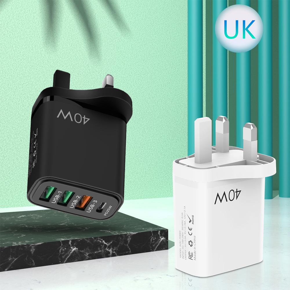 Многостандартное зарядное устройство 40 Вт: 1 USB + 3 порта PD для мобильных устройств (Совместимо с ЕС/США/Великобританией)