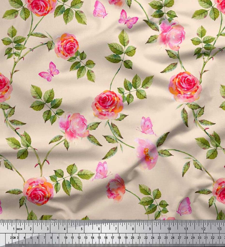 Soimoi Японская креп-сатиновая ткань с листьями, розами и пионами, ткань с цветочным принтом по метрам, 42 дюйма
