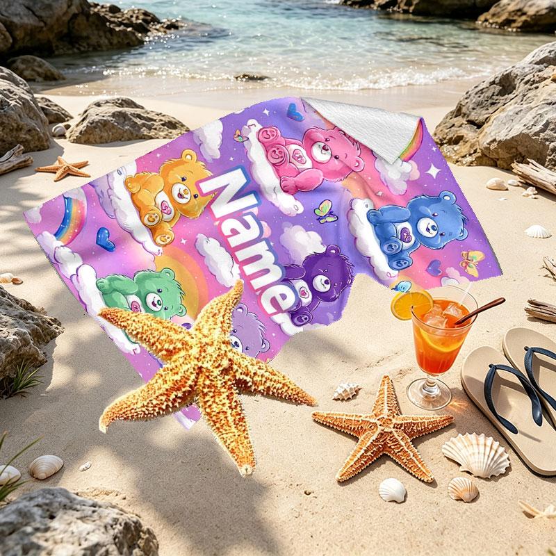 Custom Name Personalized Care Bears Print Beach Towel, for Trip Camping Beach Party Home Decor, Birthday Gift for Family & Friends