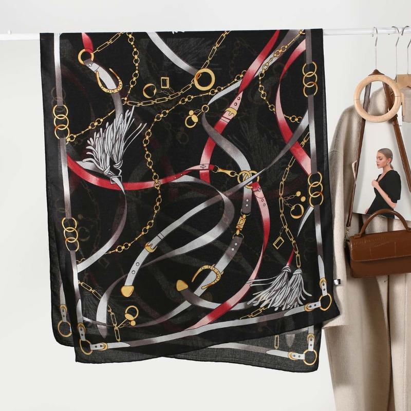 New Retro Leather Buckle Chain Printed Women's Scarf Silk Scarf Spring and Autumn Women's Fashion Scarf