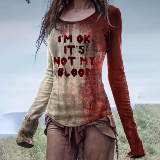 Женская футболка с принтом крови и эффектом 3D на Хэллоуин, с круглым вырезом и длинным рукавом, облегающая, эластичная