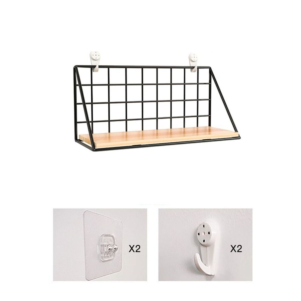 Punch-Free Wall Mounted Storage Rack Grid Shower Hanging Basket Wooden Iron Wall Shelf Home