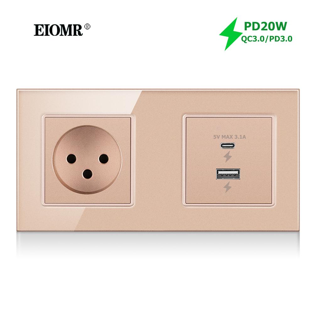 EIOMR Израиль Розетка-выключатель для стены, 16А, Панель из золотого хрустального стекла, Порт USB Type-C PD 20W для Дома, Офиса, Кухни
