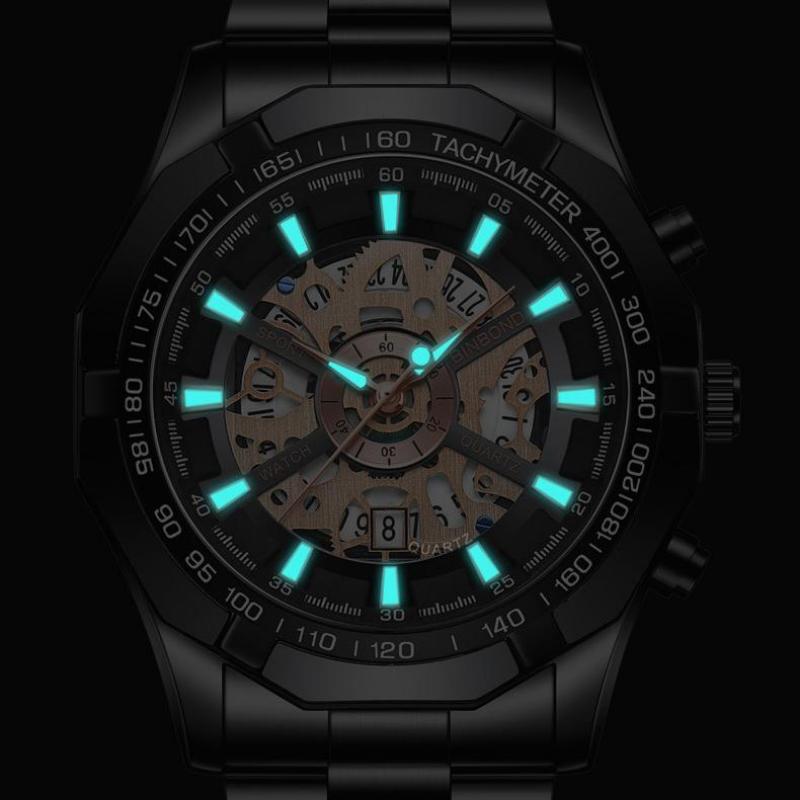 BINBOND Скелетон полые немеханические часы водонепроницаемые светящиеся многофункциональные часы синие мужские наручные часы