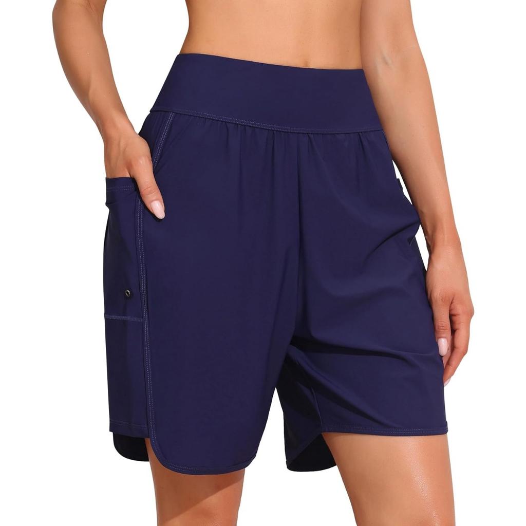 CHARMLEAKS Women's 6" Swim Shorts High Waisted Board Shorts with Pockets Quick Dry UPF50+ Swimsuit Bottoms Built-in Brief