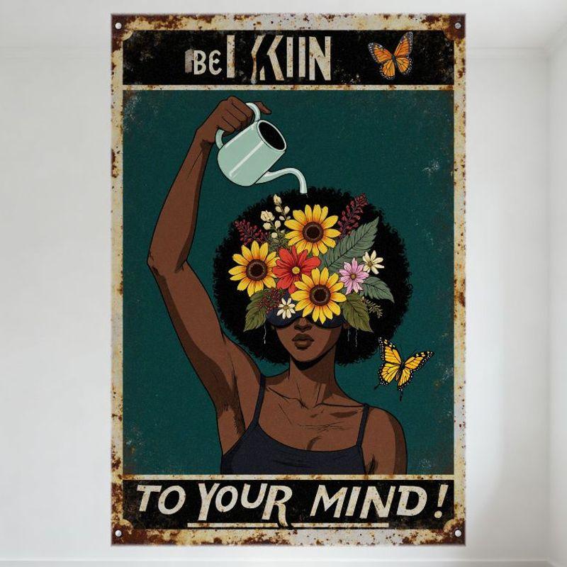 Vintage Metal Tin Sign Be Like Un Motivational Bohemian Wall Art, Black Woman Afro Sunflowers Watering Can Butterflies Decor for