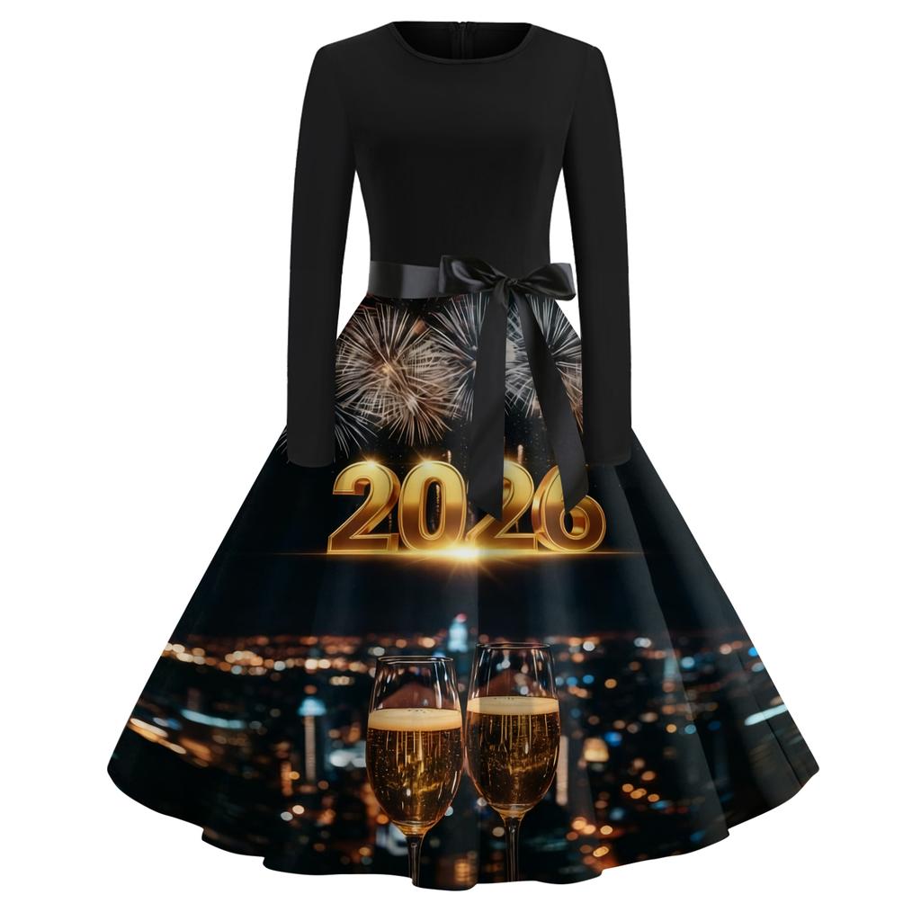 Женское повседневное модное платье с круглым вырезом и длинным рукавом с новогодним принтом в ретро-стиле