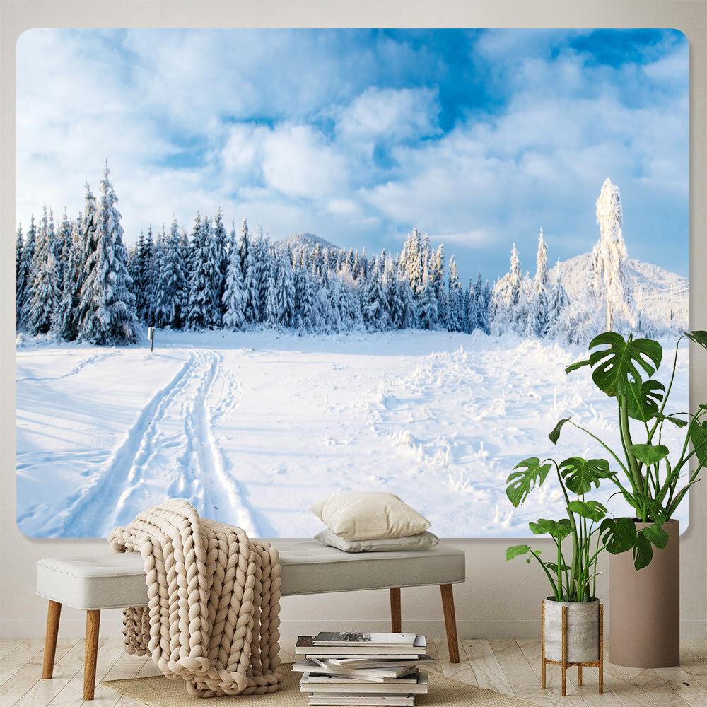 Рождественский лес, снег, домашний гобелен, психоделическая сцена, богемный настенный коврик для спальни, настенный матрас