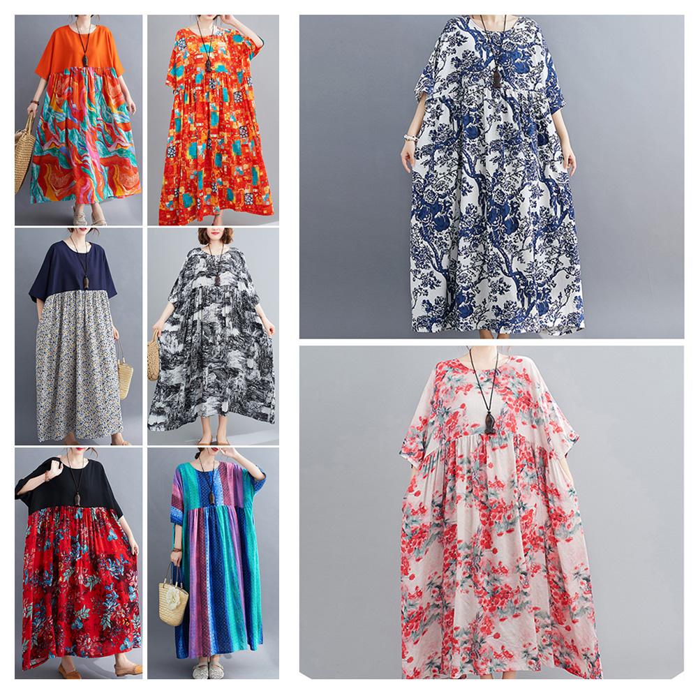 Женское хлопково-льняное платье с цветочным принтом и карманами до середины икры, свободный круглый вырез с короткими рукавами, повседневные размеры больших размеров