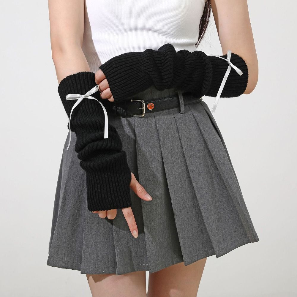 Fashion Y2K Long Wrist Gloves Thicken Bowknot Arm Warmers Soft Solid Color Knitted Arm Sleeves Women