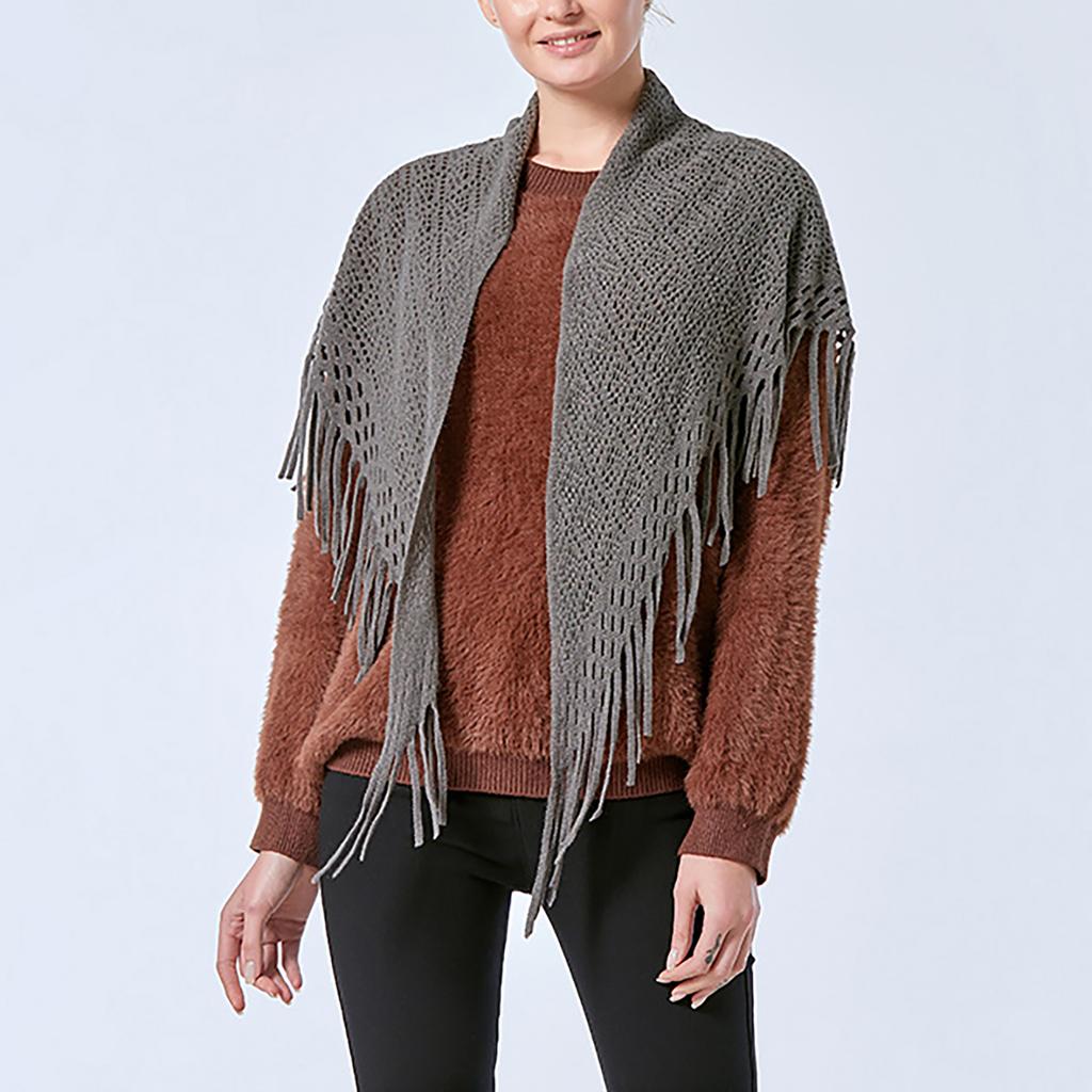 Women's Hollowed Knitted Triangular Scarf Imitation Cashmeres Soft Winter Shawl Wrap Neckerchief Blanket with Fringes